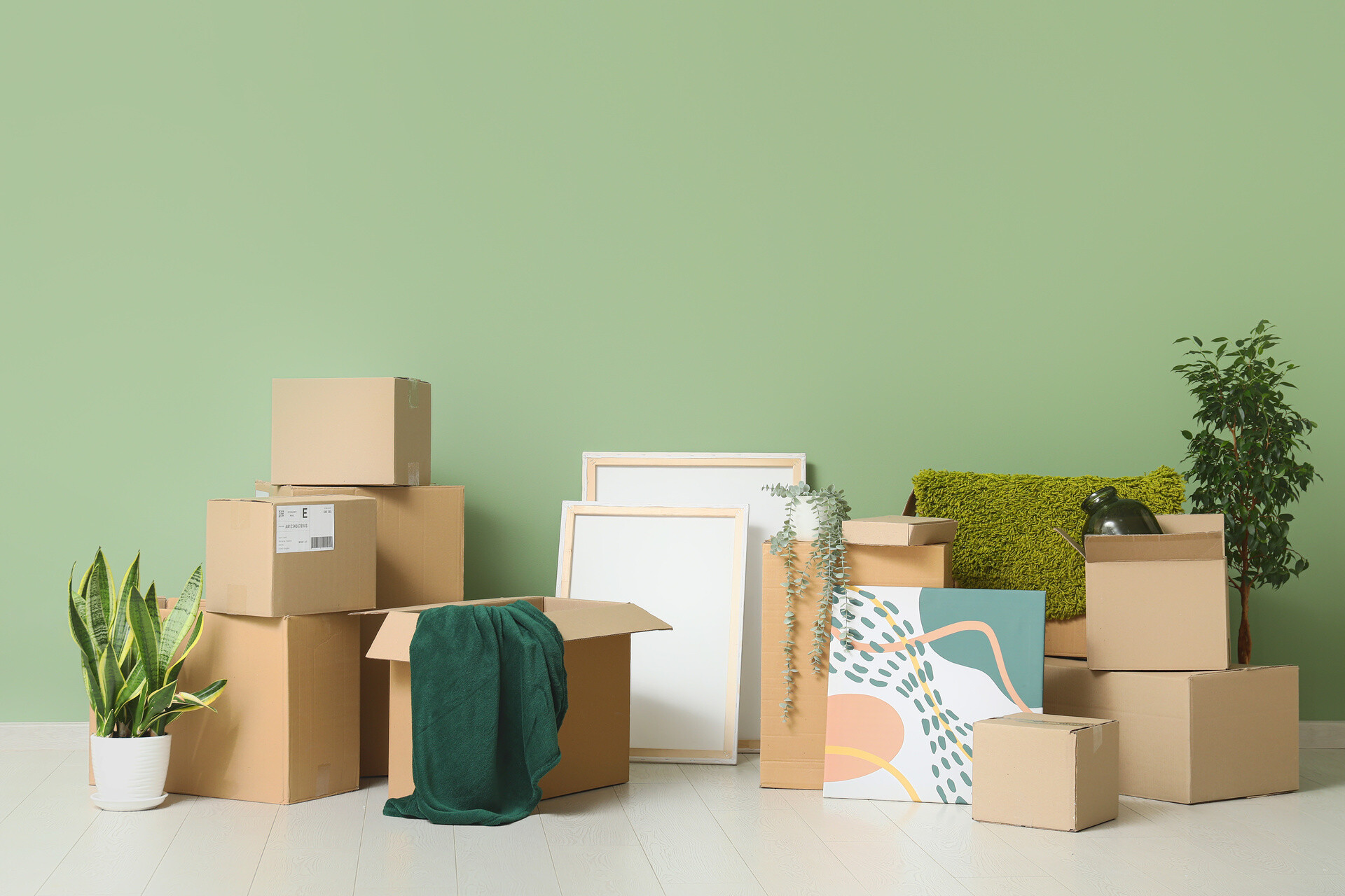 Umzugskartons und Deko vor grüner Wand
