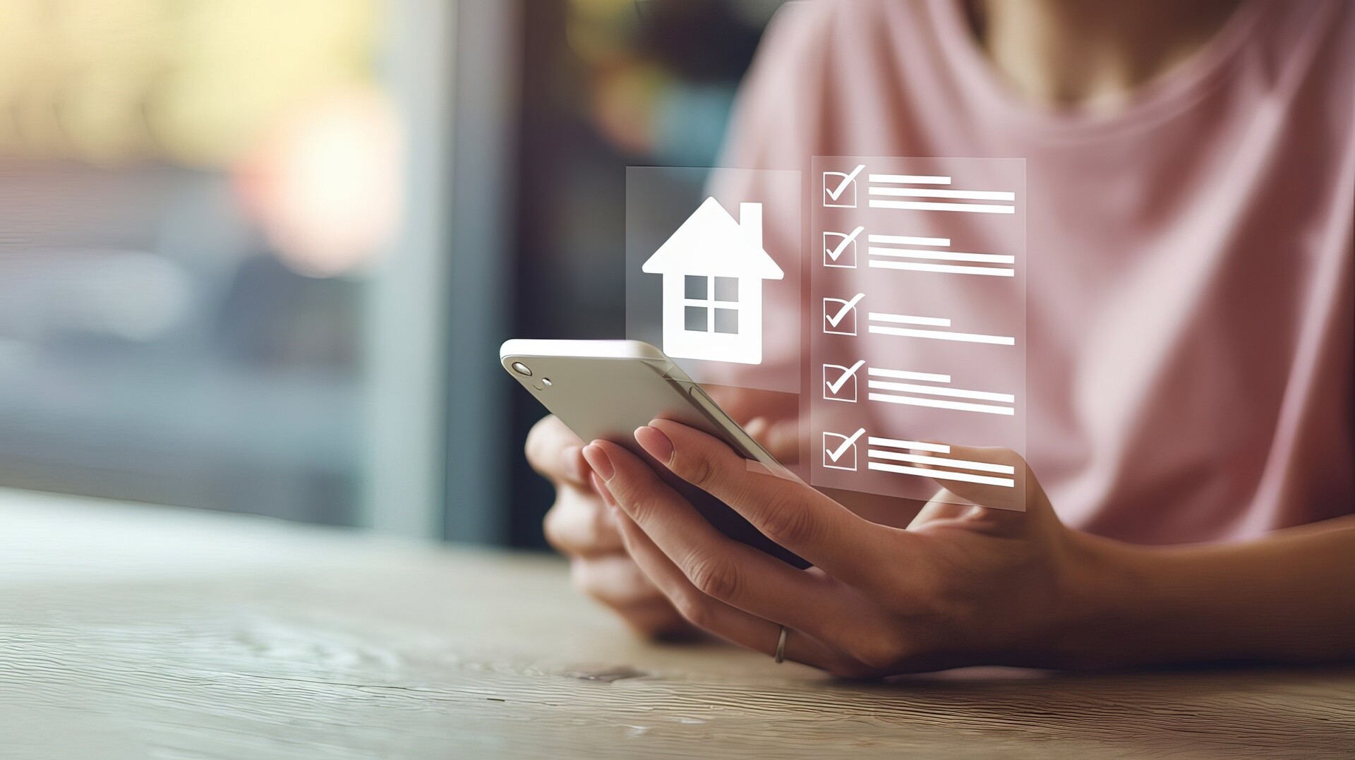 Frau am Handy mit Haus-Checkliste