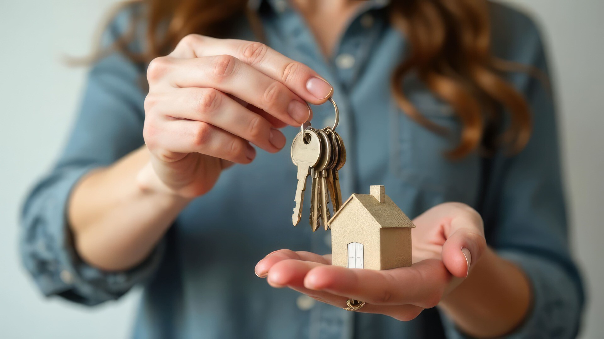 Eine Frau hält ein Modellhaus und einen Schlüssel in der Hand.