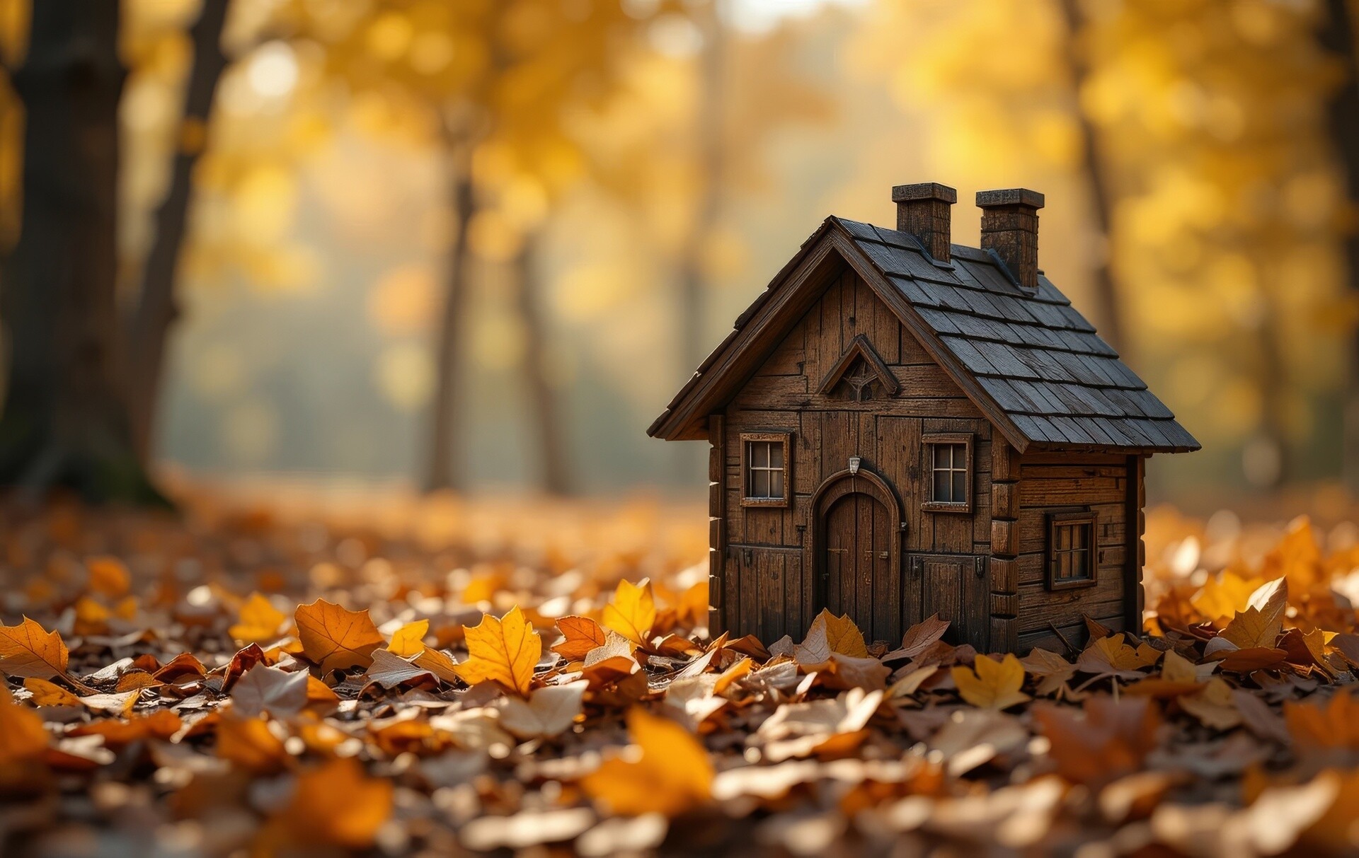 Modellhaus aus Holz im Herbstlaub