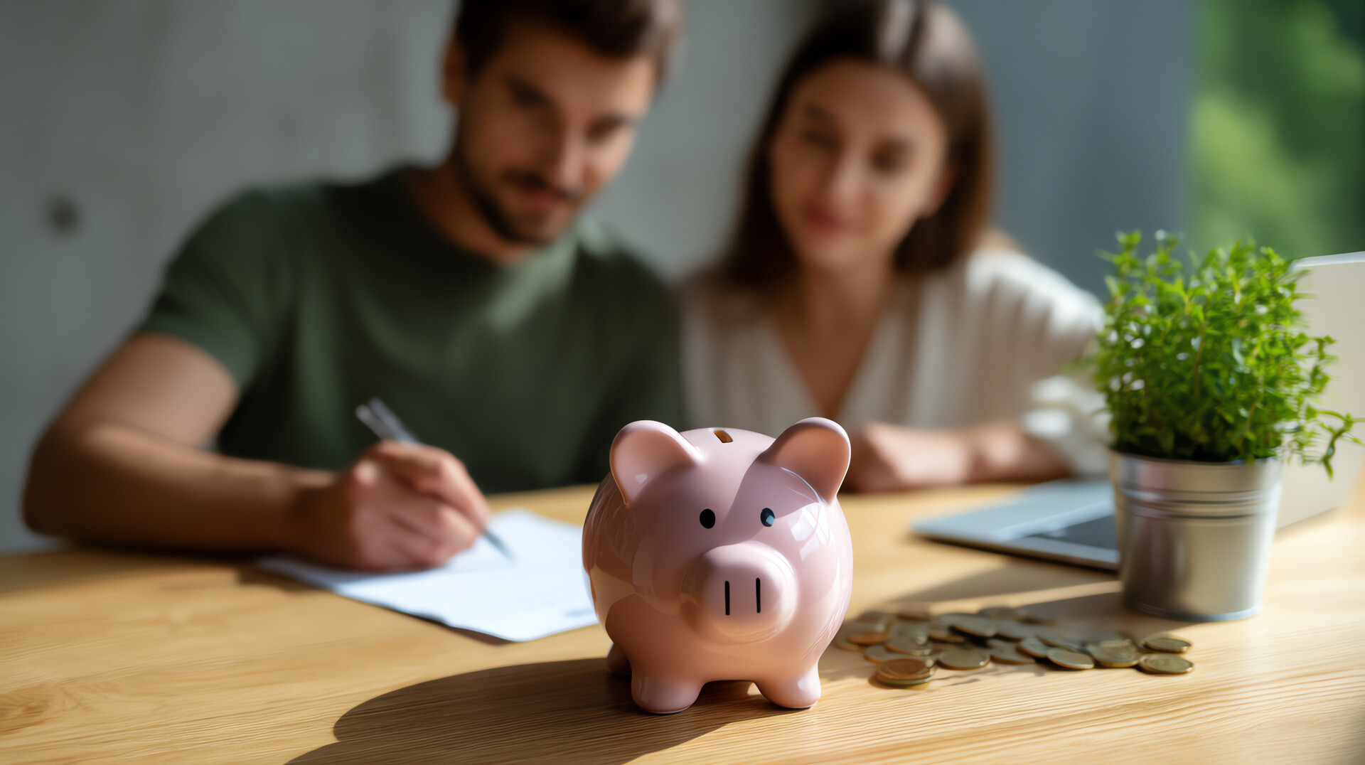 Paar mit Unterlagen und Sparschwein