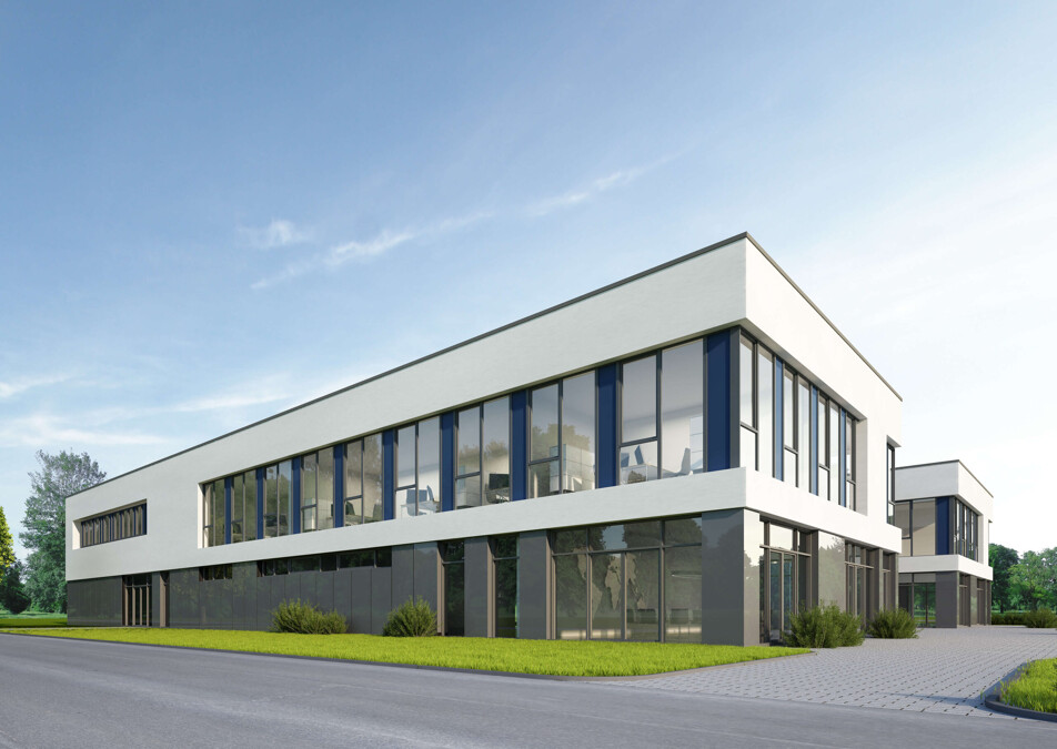 Zweistöckiges Bürogebäude mit großen Fenstern und Zufahrt.