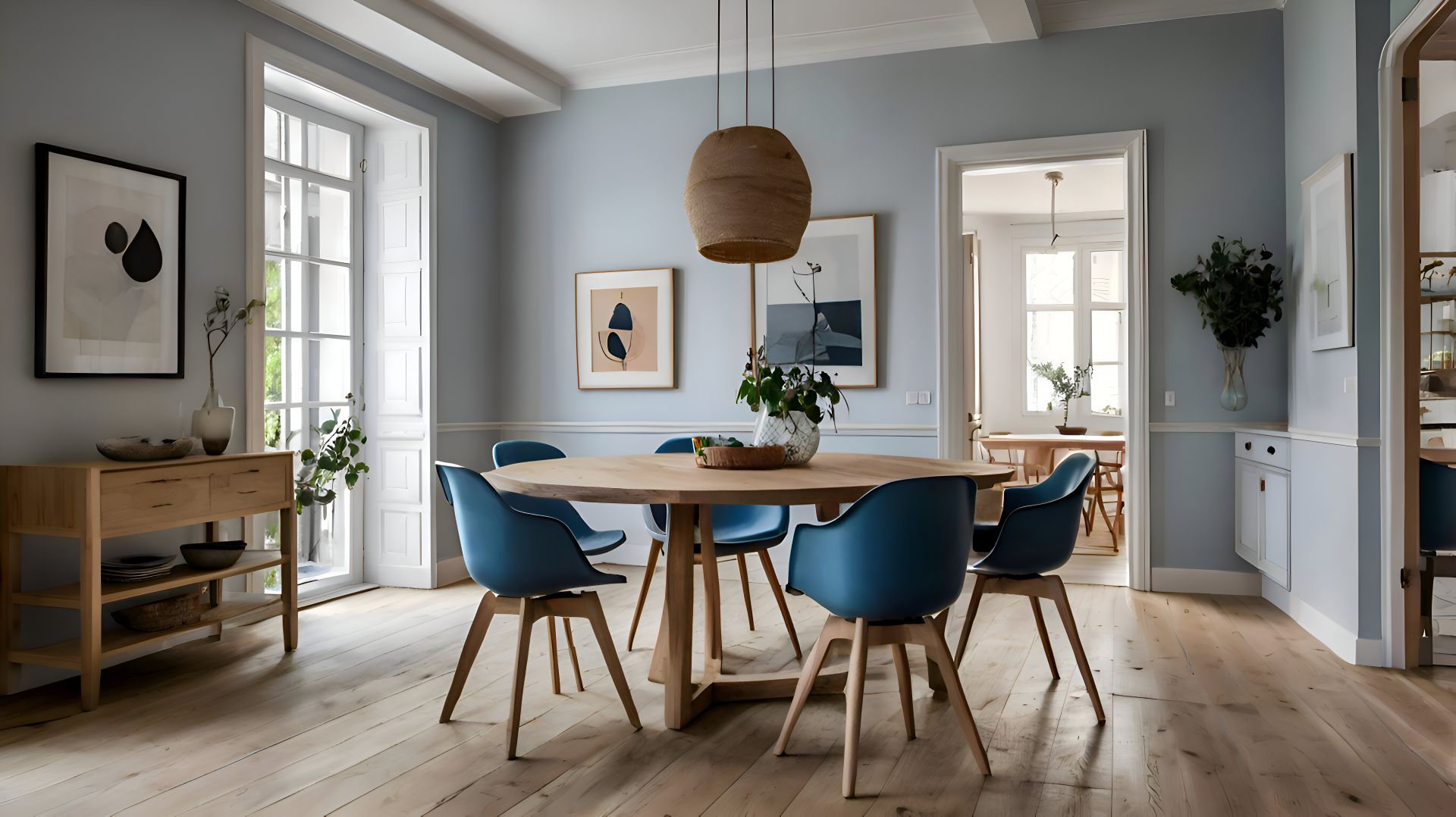 Runder Holztisch, blaue Stühle, große Fenster, viel Licht.