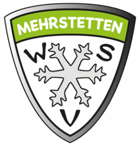 Wappen von Mehrstetten mit grünem Banner und weißem Schneeflockensymbol in der Mitte, umgeben von den Buchstaben W, S und V