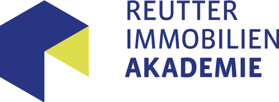 Logo der Reutter Immobilien Akademie mit blauem und gelbem geometrischem Symbol und Text in Blau