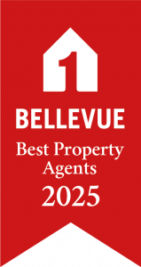 Rotes Banner mit weißem Haus-Symbol und Text 'BELLEVUE Best Property Agents 2025'