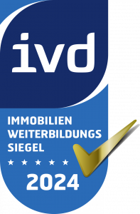 Logo des ivd mit dem Text 'Immobilien Weiterbildungs Siegel 2024' und einem goldenen Häkchen