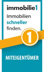 Logo von immobilie1 mit Slogan 'Immobilien schneller finden' und Schriftzug 'Miteigentümer' auf blauem Hintergrund