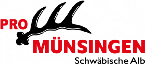 Logo mit rotem Text 'PRO MÜNSINGEN' und stilisierter weißer Linie darüber