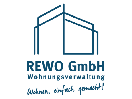REWO GmbH Logo mit Gebäudeumriss und Slogan: Wohnen, einfach gemacht!.