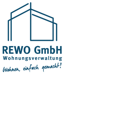 REWO GmbH Logo mit Gebäudekontur und Schrift: Wohnen, einfach gemacht!.