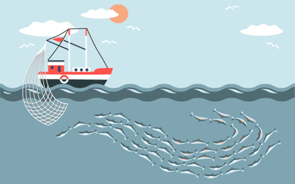 Grafische Darstellung eines Fischerboots beim Fischfang mit netz