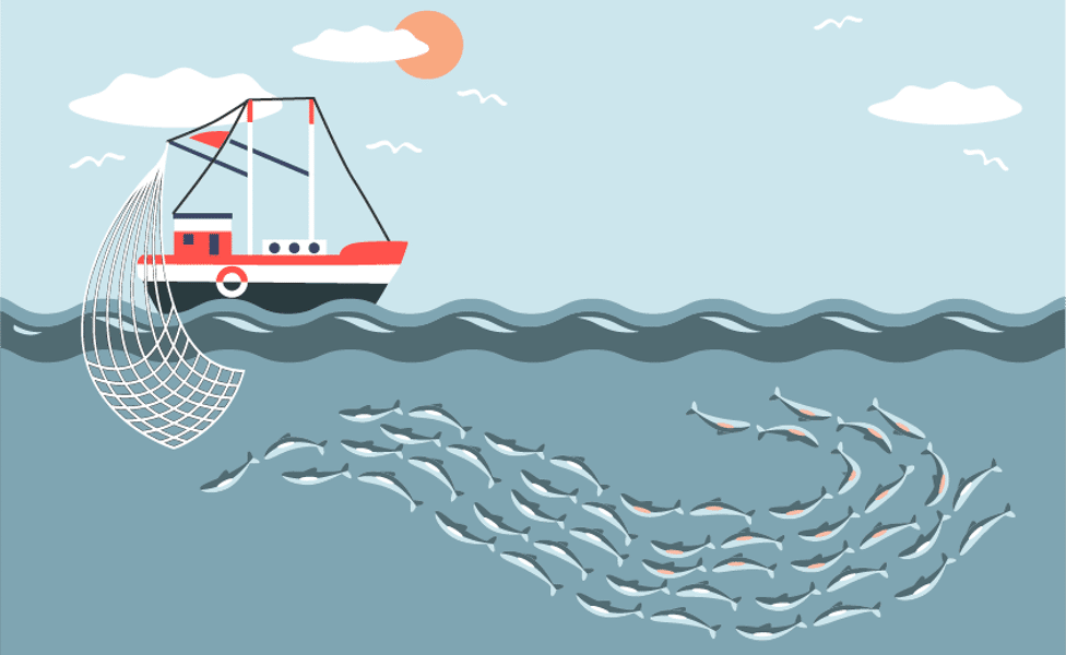 Grafische Darstellung eines Fischerboots beim Fischfang mit netz