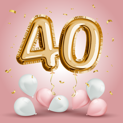 Luftballons und die goldene Zahl 40 zum Jubiläum des Unternehmens