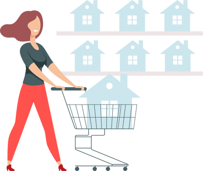 Frau hat ein Modellhaus im Einkaufswagen: Das Marketing im Vermittlungsablauf