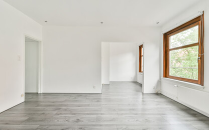 leerstehende Wohnung, Wohnzimmer mit grauem Boden