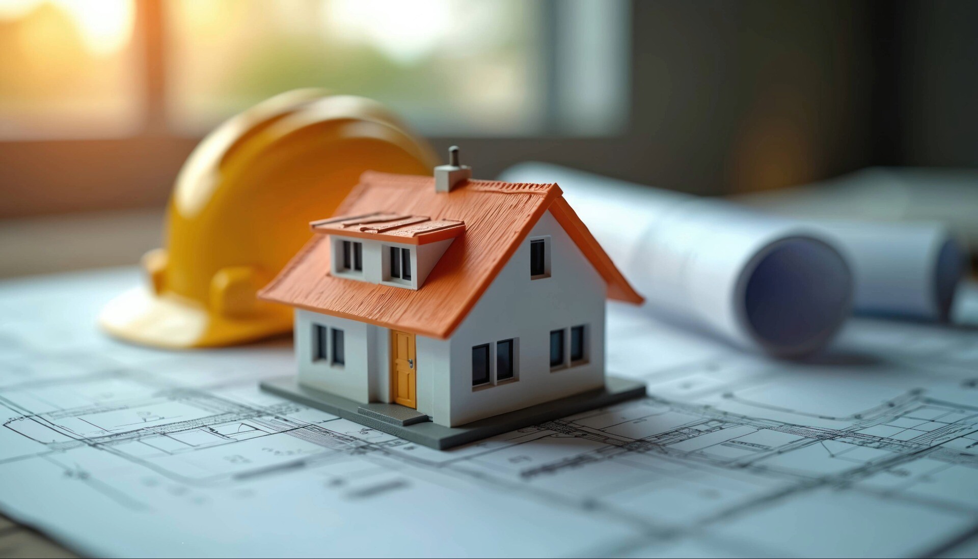 Ein Miniaturhaus steht auf einem Grundriss