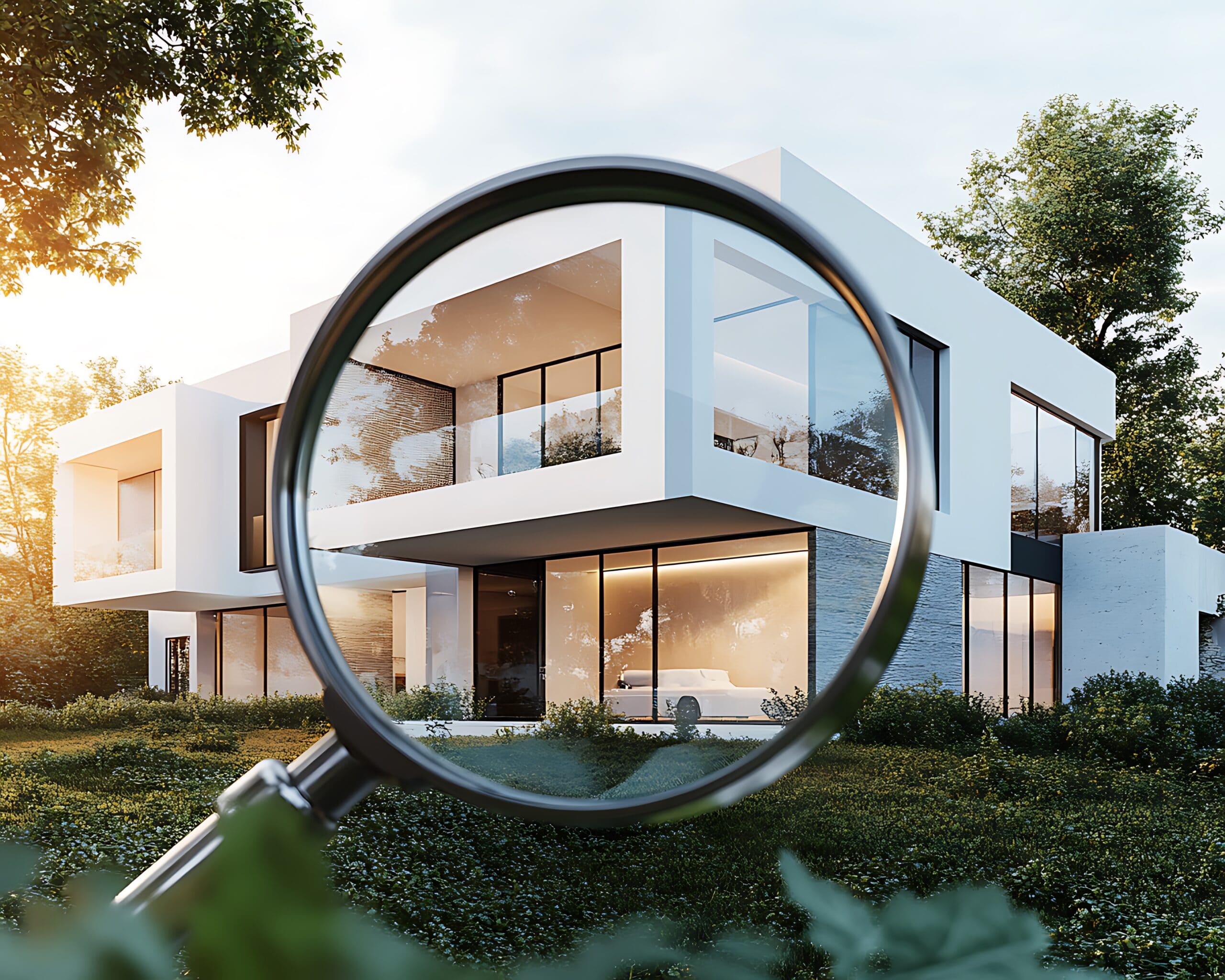 Ein Lupe vergrößert den Blick auf eine moderne Architektenvilla