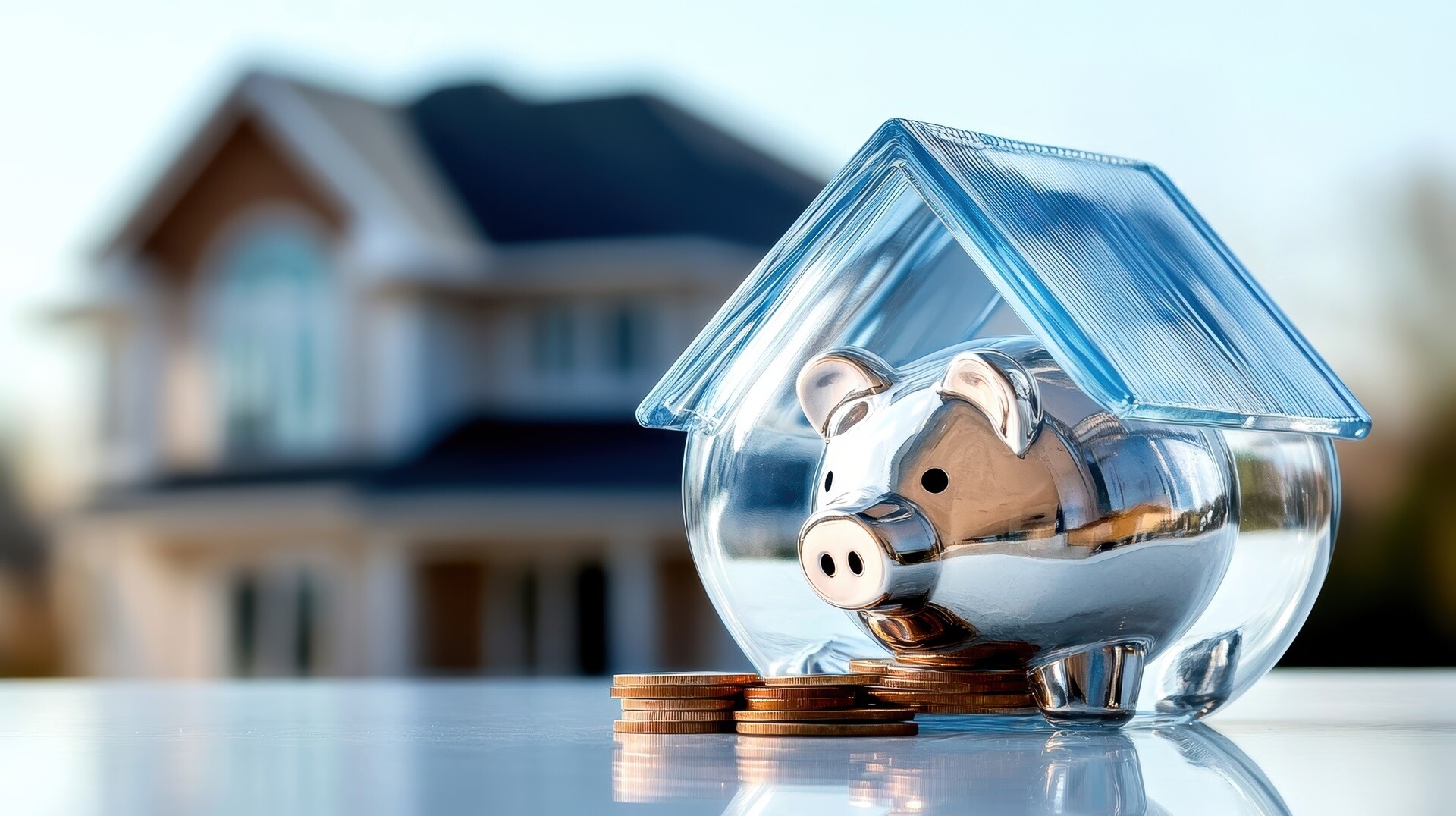 Sparschwein mit Hausdach und Münzen