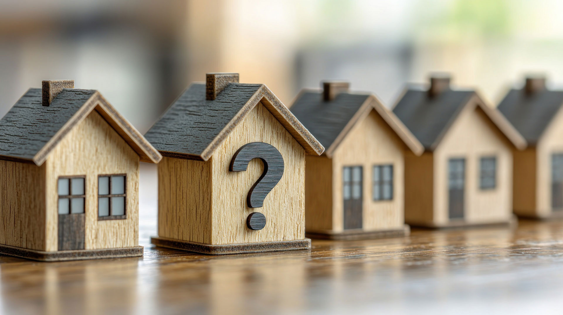 Fragezeichen auf einem Hausmodell unter fünfen