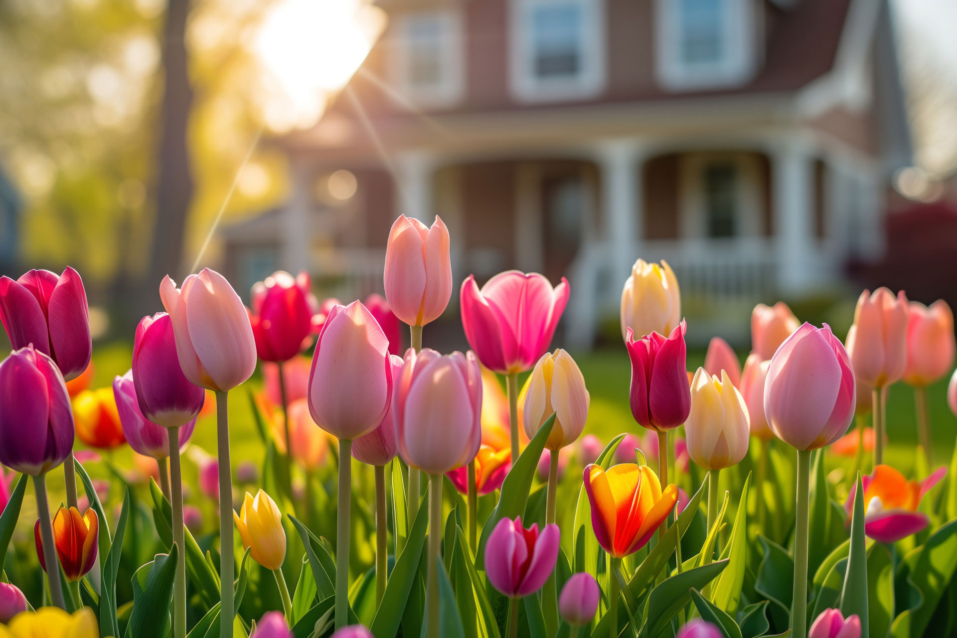 Tulpen bei Sonnenschein mit Haus im Hintergrund