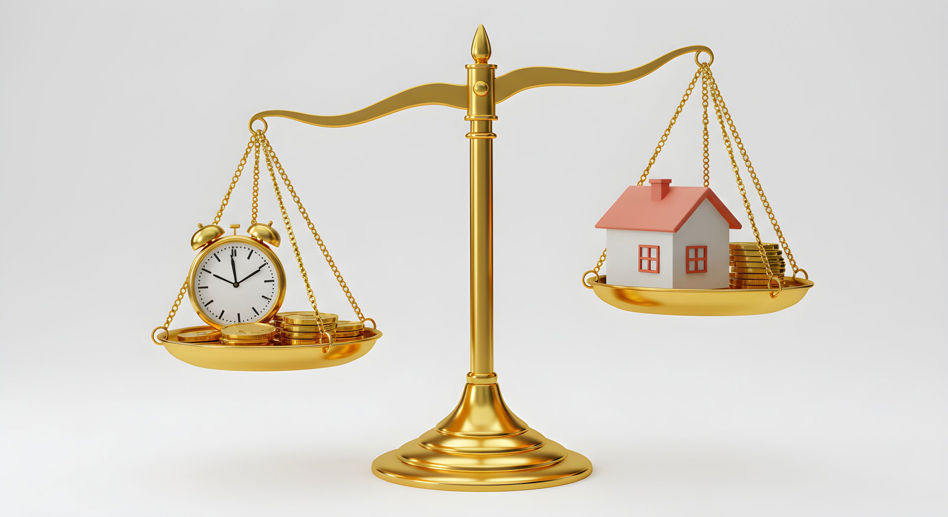 Waage mit Hausmodell, Münzen und Wecker