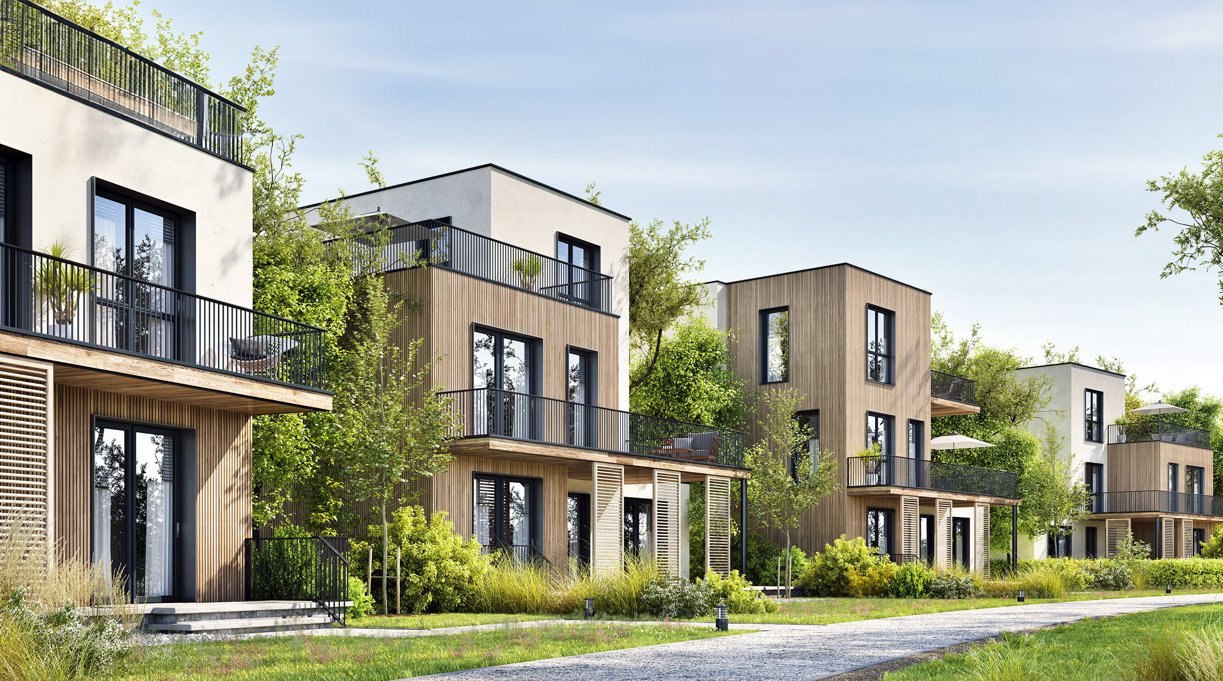 4 helle Wohnhaeuser nebeneinander