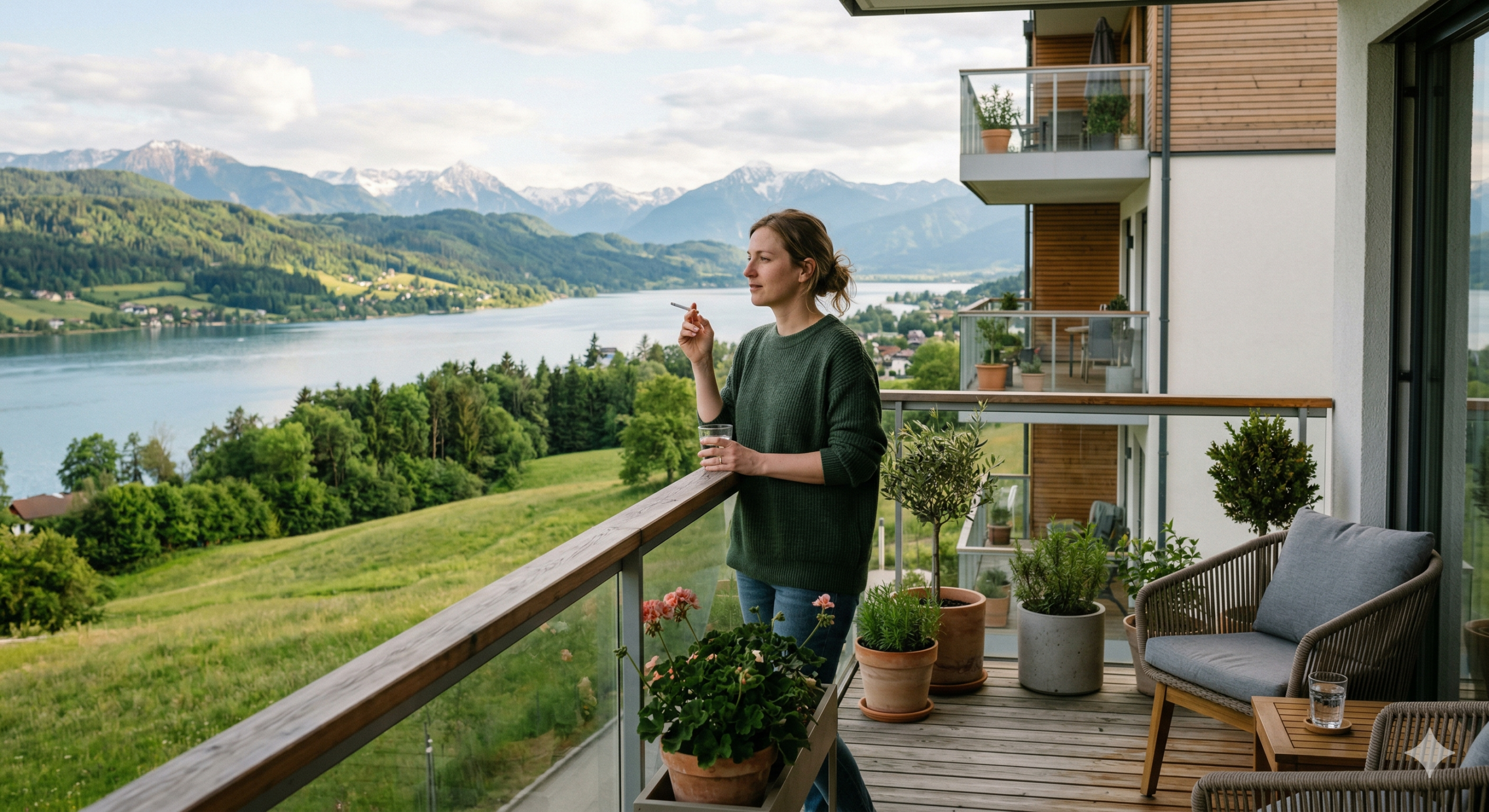 Frau steht rauchend auf dem Balkon