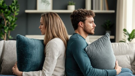 Paar sitzt mit den Rücken zueinander auf dem Sofa im Streit
