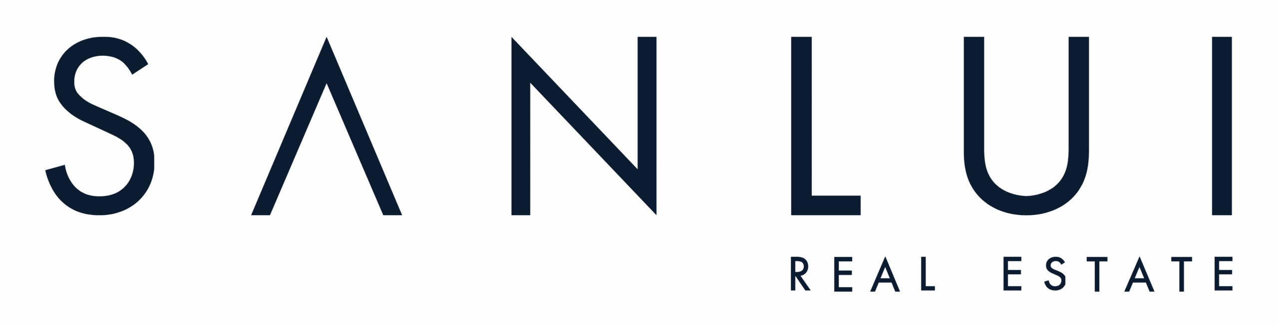 SANLUI Real Estate minimalist black text on light gray background.