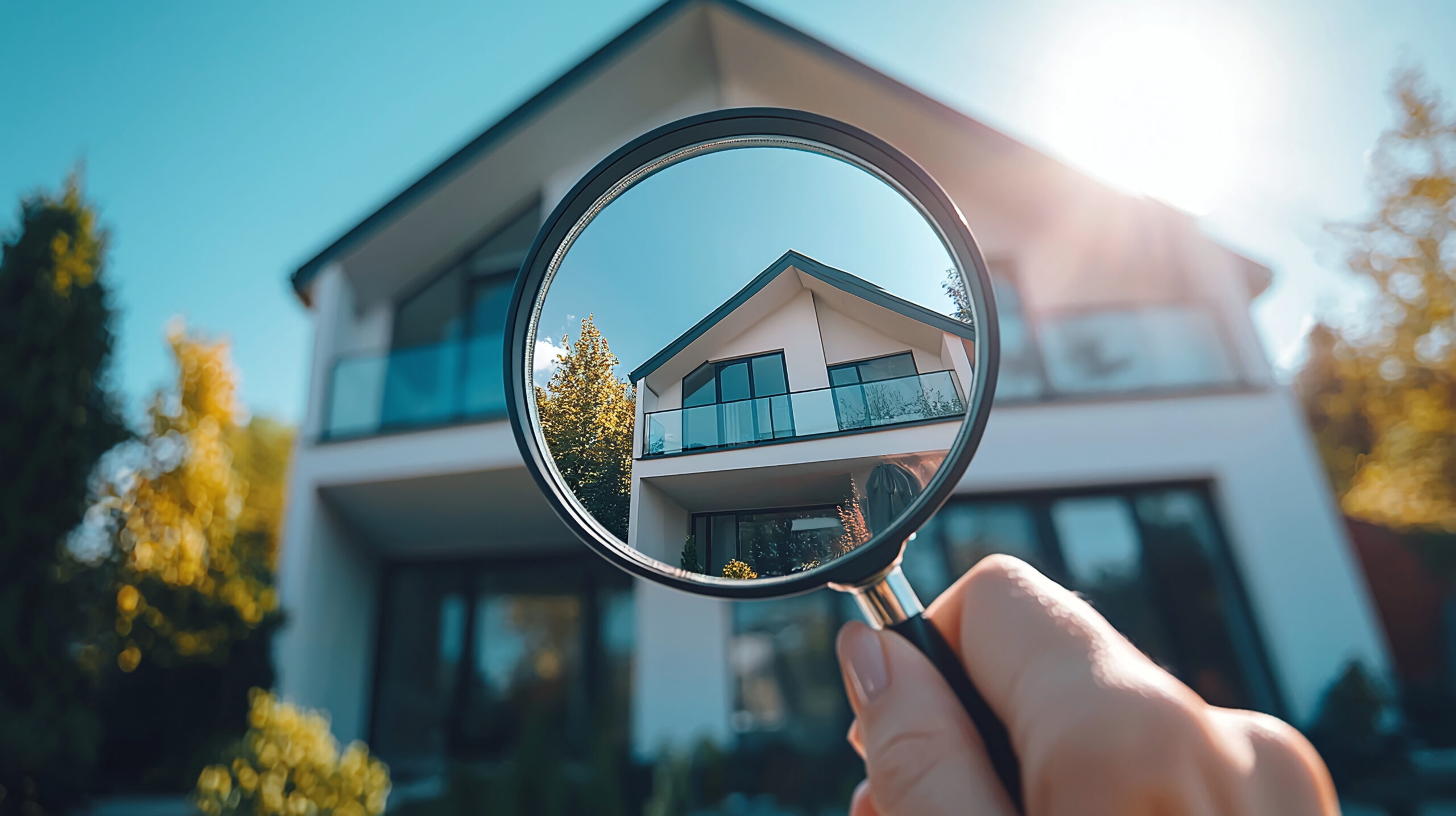 Hand mit Lupe vor modernem Haus, fokussiert auf Details.