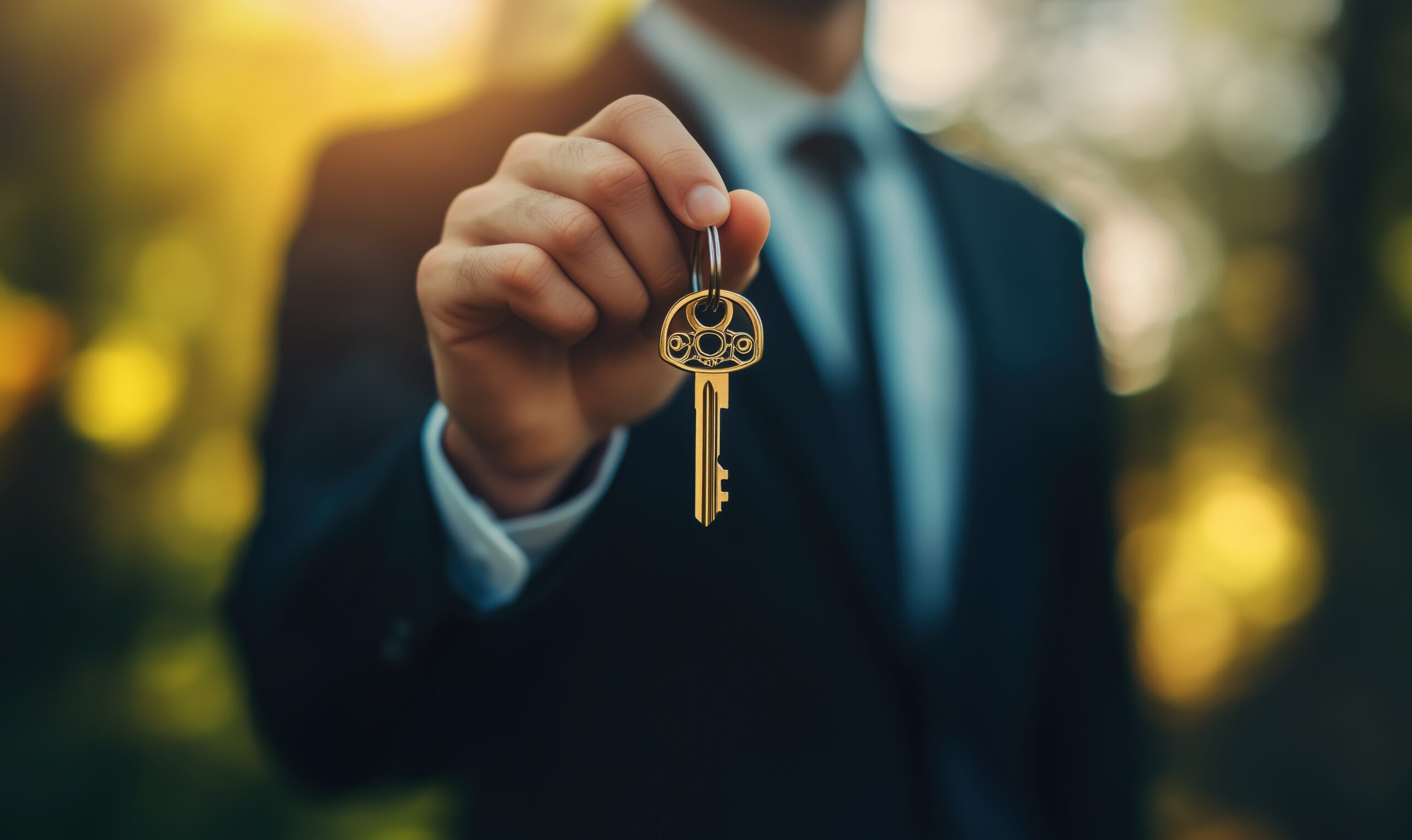 Person im Anzug hält goldenen Schlüssel vor sonnigem Hintergrund.