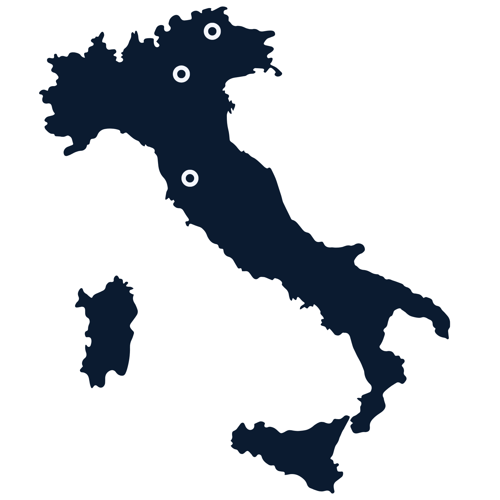 Italienkarte con tre punti nel Norden, Zentrum e Süden.