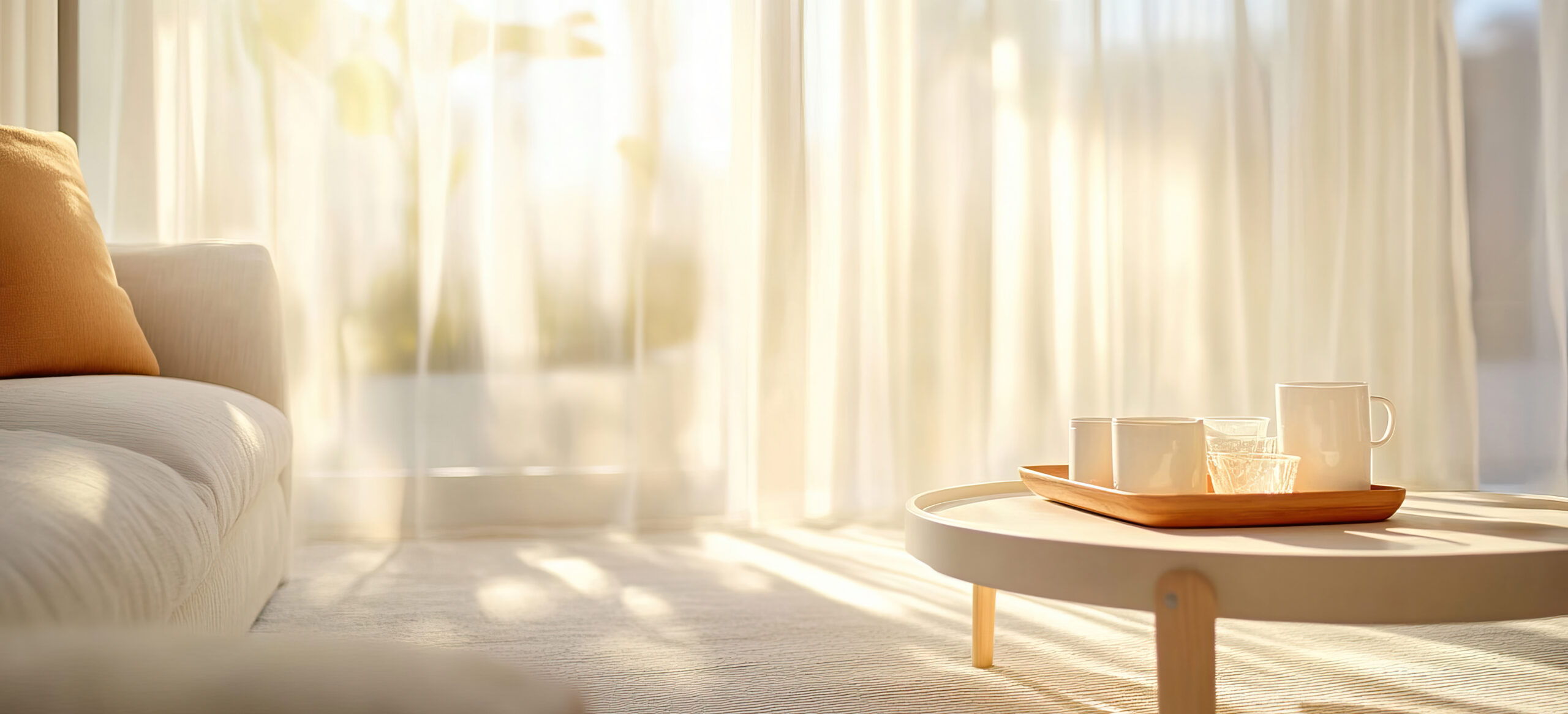 Gemütliches Wohnzimmer mit Kaffeebecher auf dem Sofatisch im Sonnenlicht – Stimmungsvolle Wohnungsszene aus dem Alltag