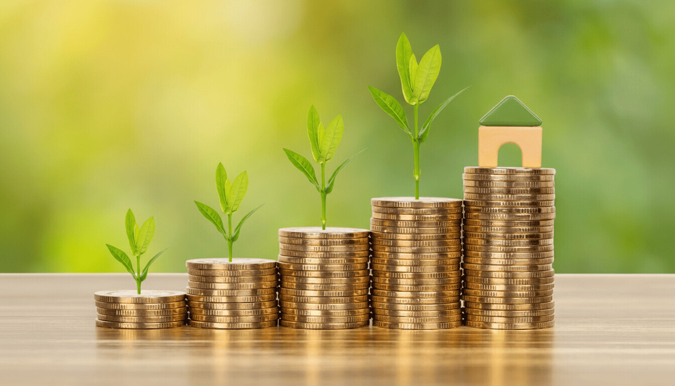 Münzen sind neben einem kleinen Haus gestapelt