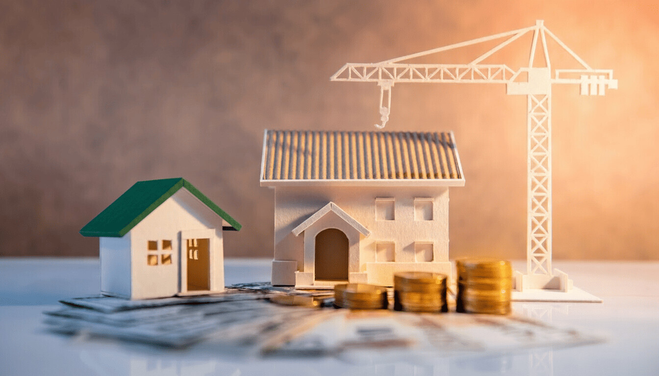 In Miniaturhaus wird mit einem Kran gebaut.