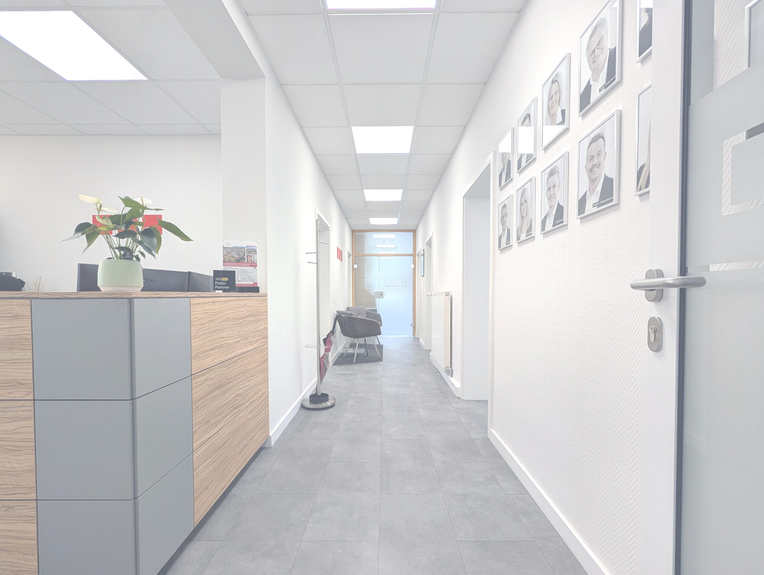 Büroflur mit Porträts und einer Topfpflanze auf dem Schreibtisch.