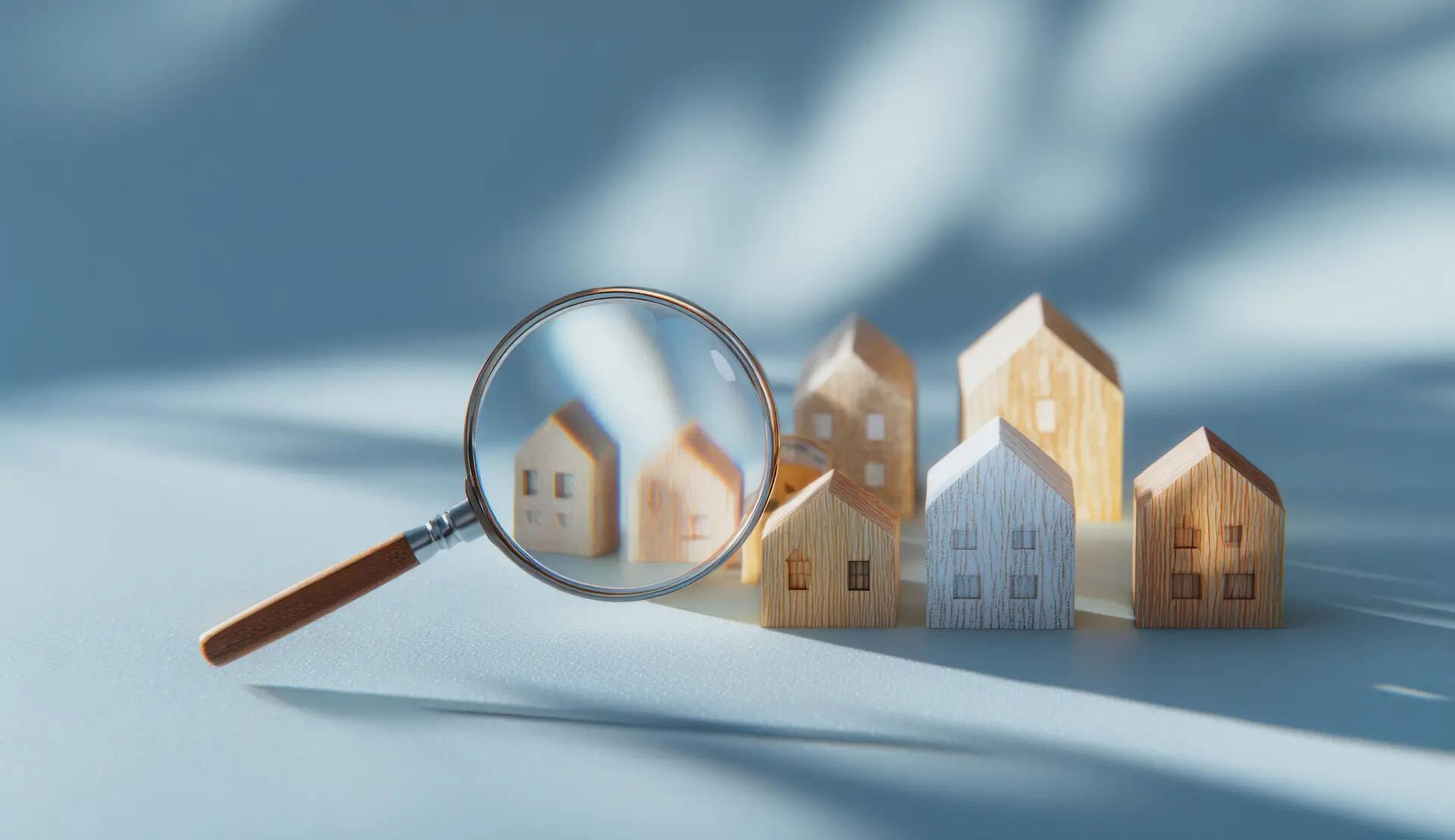 Lupe über kleine Holzhausmodellen auf hellblauem Grund.