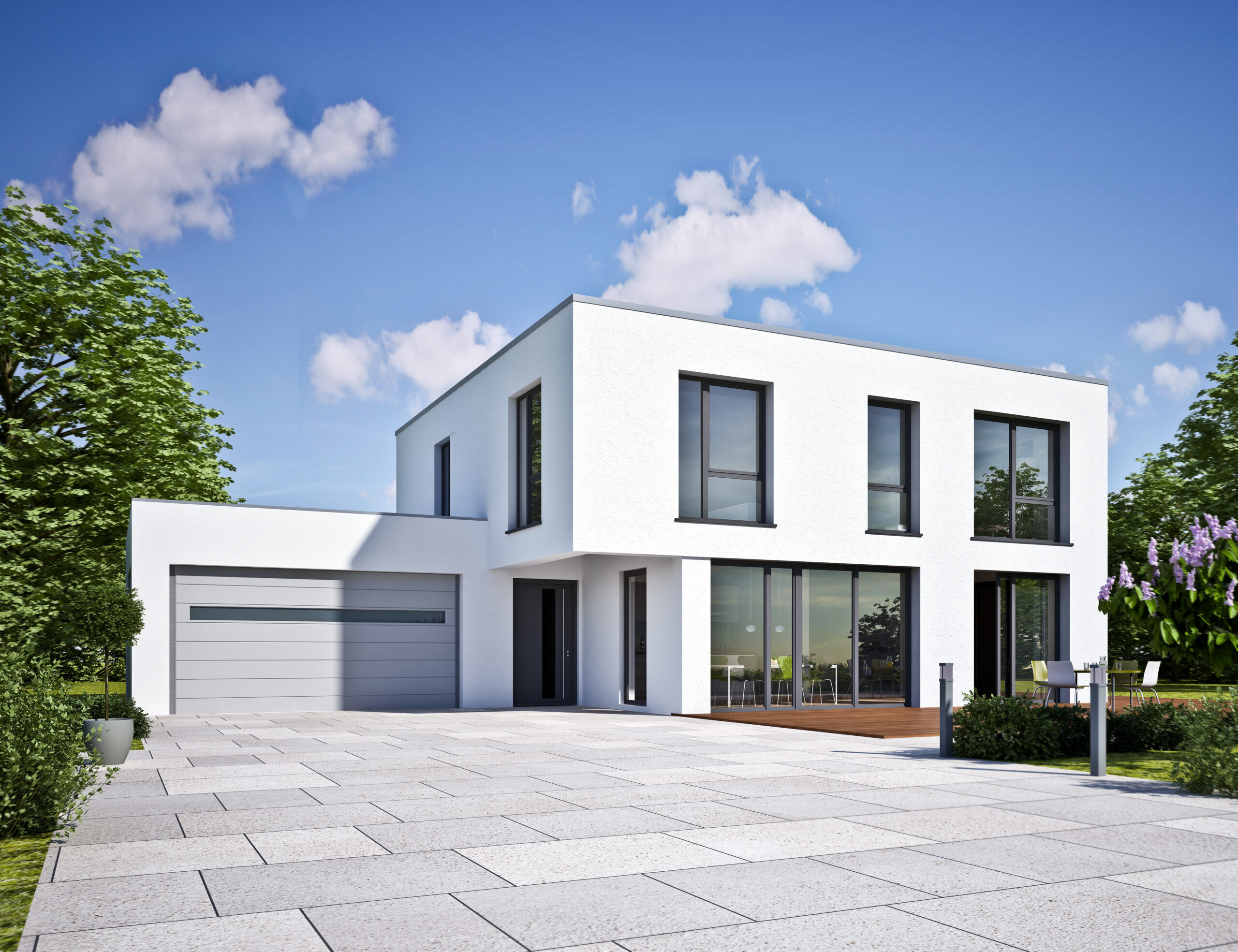 Moderner Neubau mit großen Fenstern