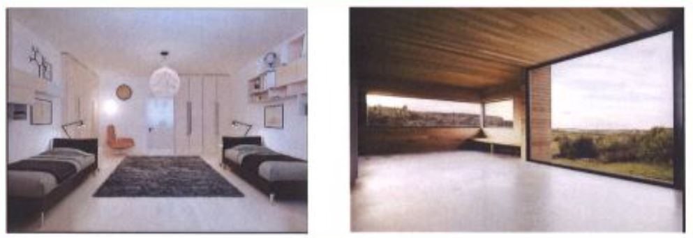 Schlafzimmer mit zwei Betten und Raum mit Panorama Fenster