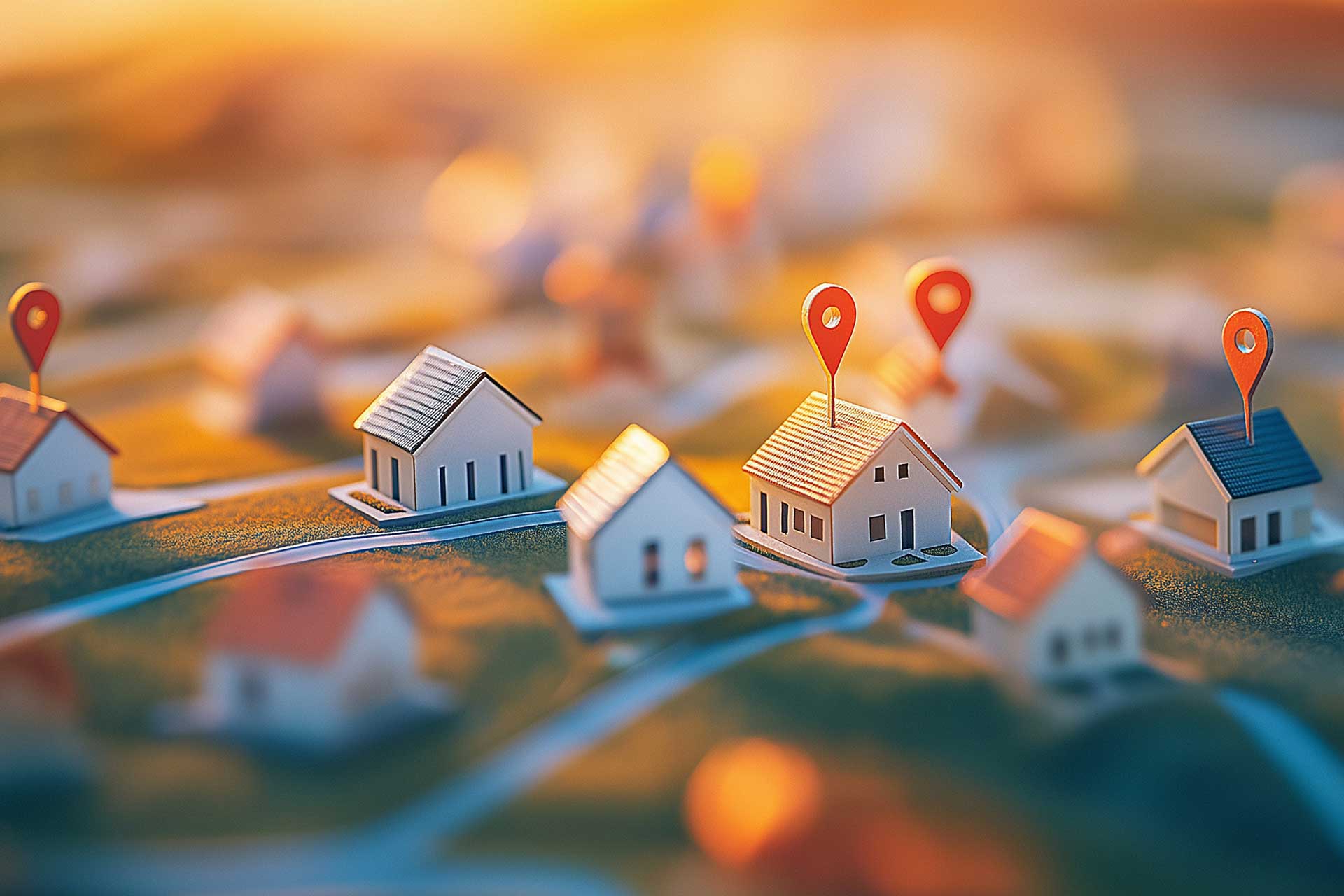 Miniaturhäuser und Kartenmarker als Symbol des Bodenrichtwerts