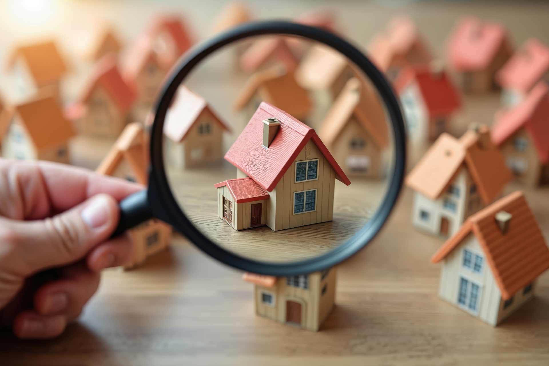 Lupe zeigt auf Modellhaus: Symbol für Unterschied Verkehrswert vs. Marktwert