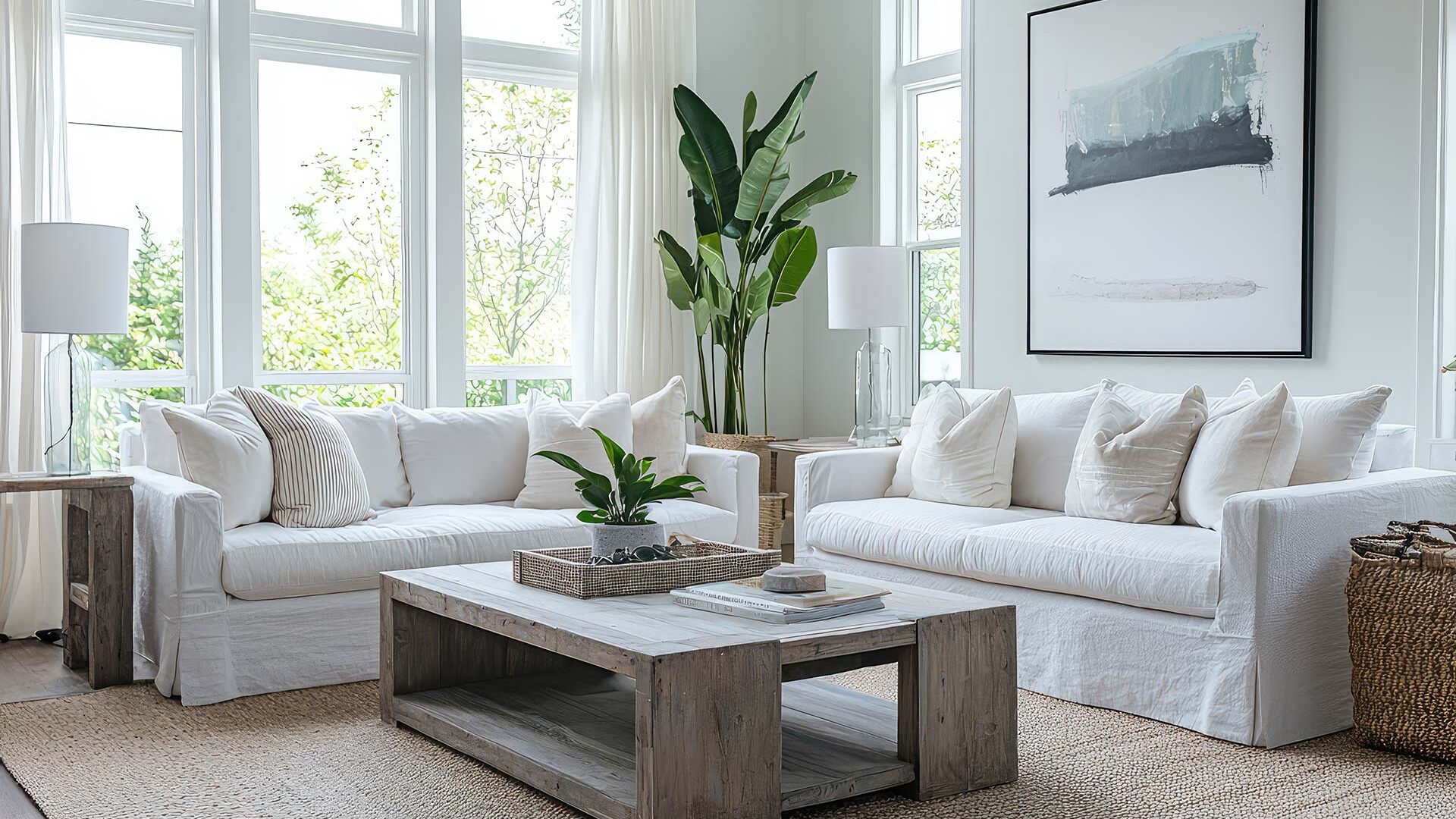 Helles Wohnzimmer mit Tisch, Sofa und Dekorationen nach dem Homestaging