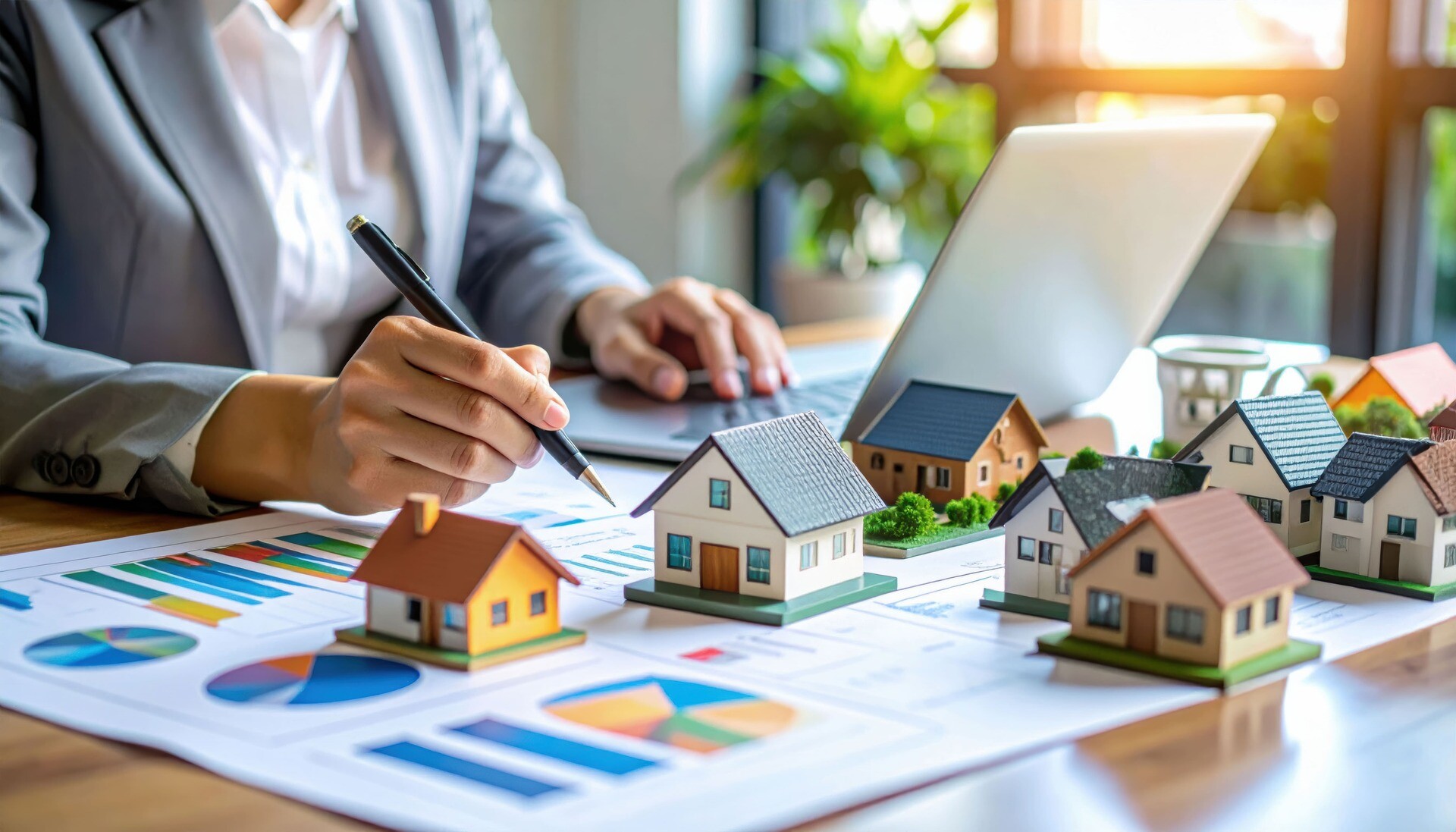 Makler analysiert mehrere Mini-Häuser