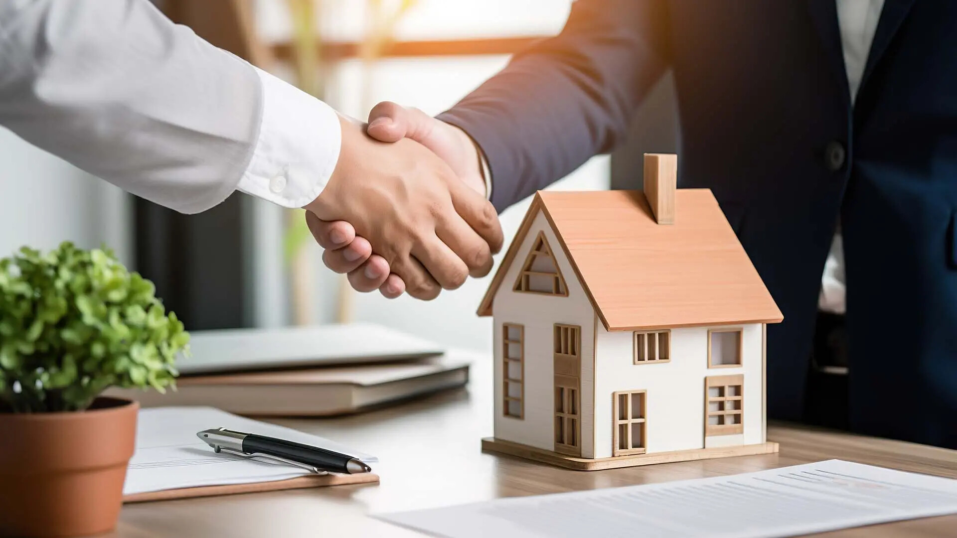 Handschlag neben einem Modellhaus