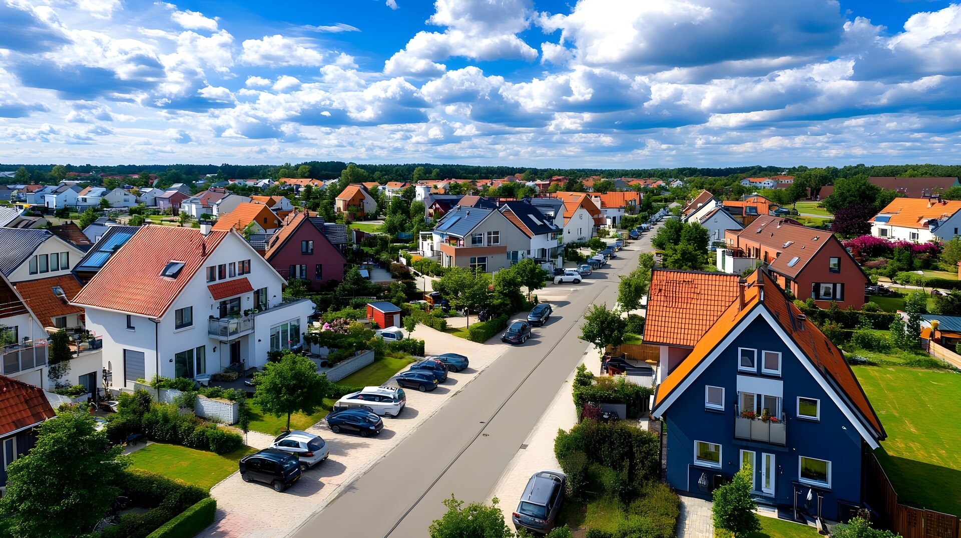 Bunte Häuser, grüner Rasen, Autos, teils bewölkter Himmel.