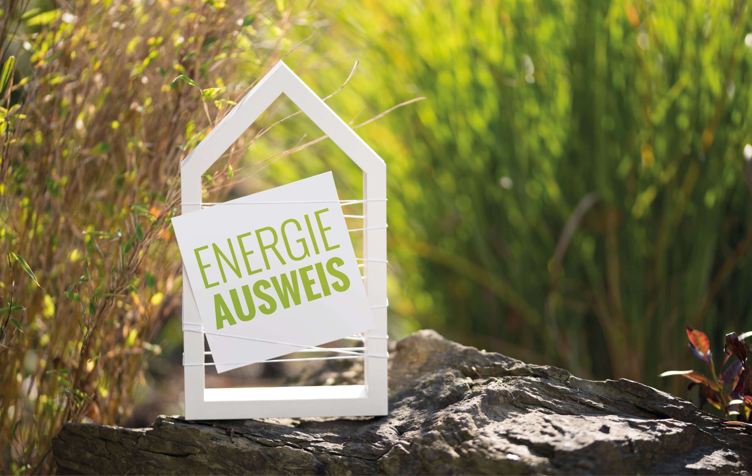 Schild "Energie Ausweis" in Hausform steht auf Stein im Garten.