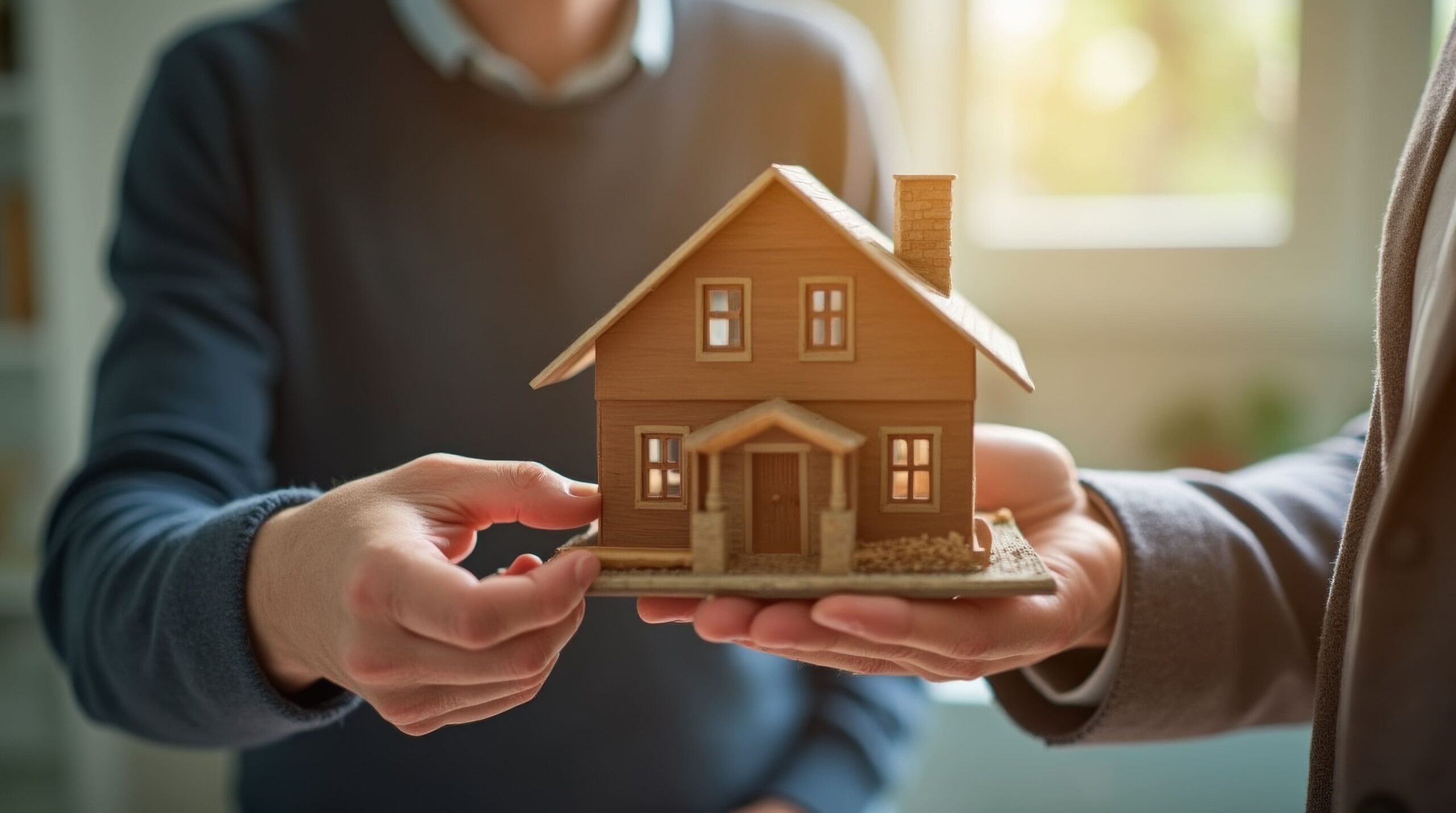 Zwei Personen halten gemeinsam ein kleines Modellhaus in den Händen.