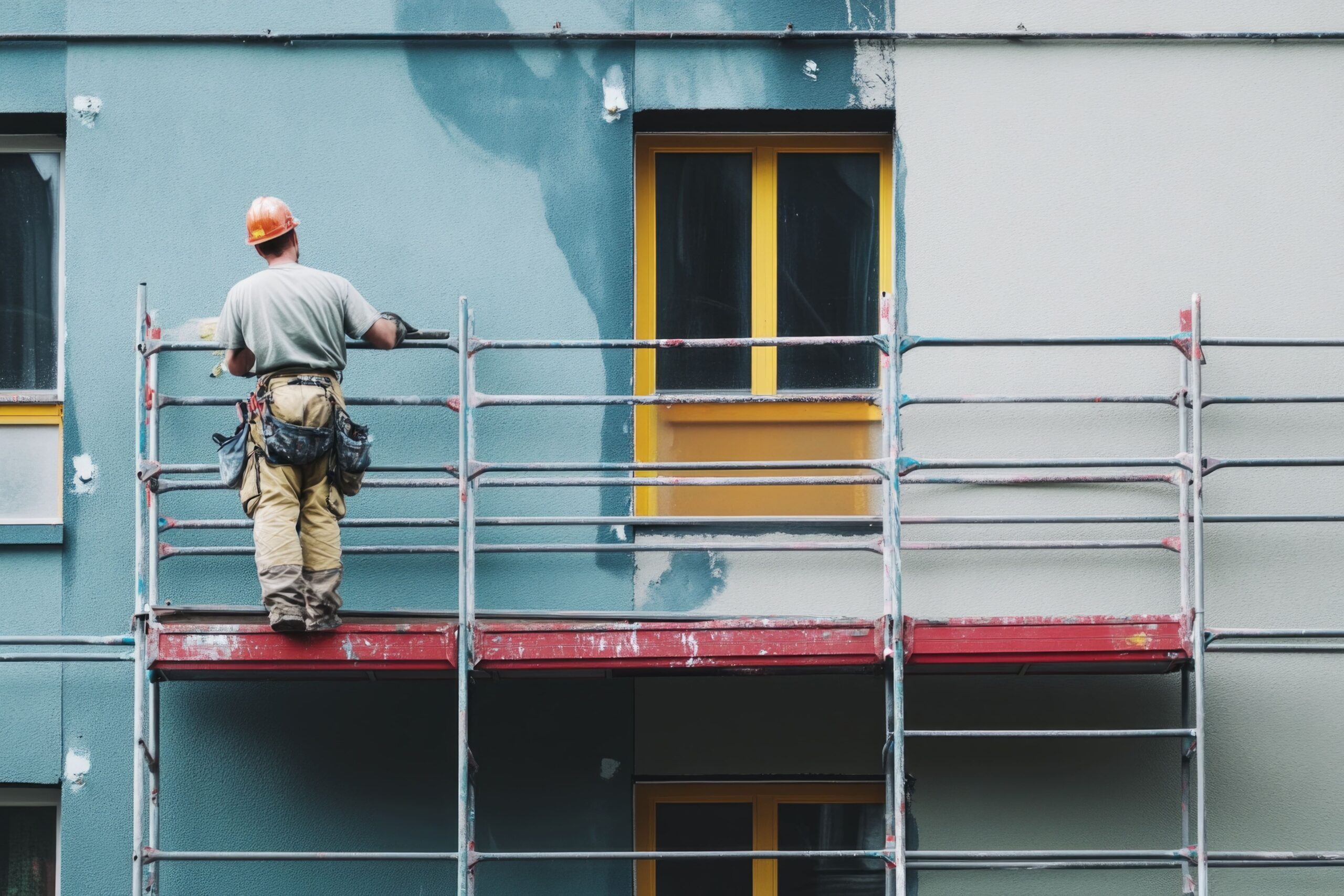 Arbeiter streicht Fassade auf Gerüst bei gelb umrahmten Fenstern.