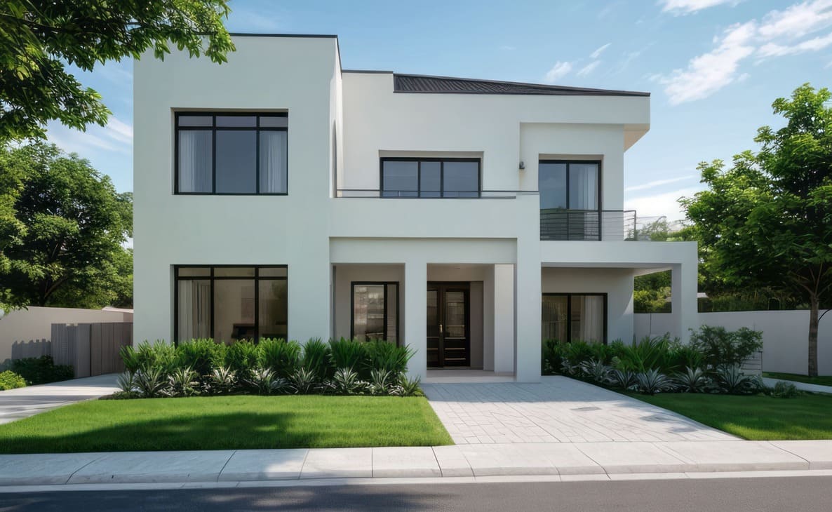 Frontalansicht auf ein freistehendes Einfamilienhaus